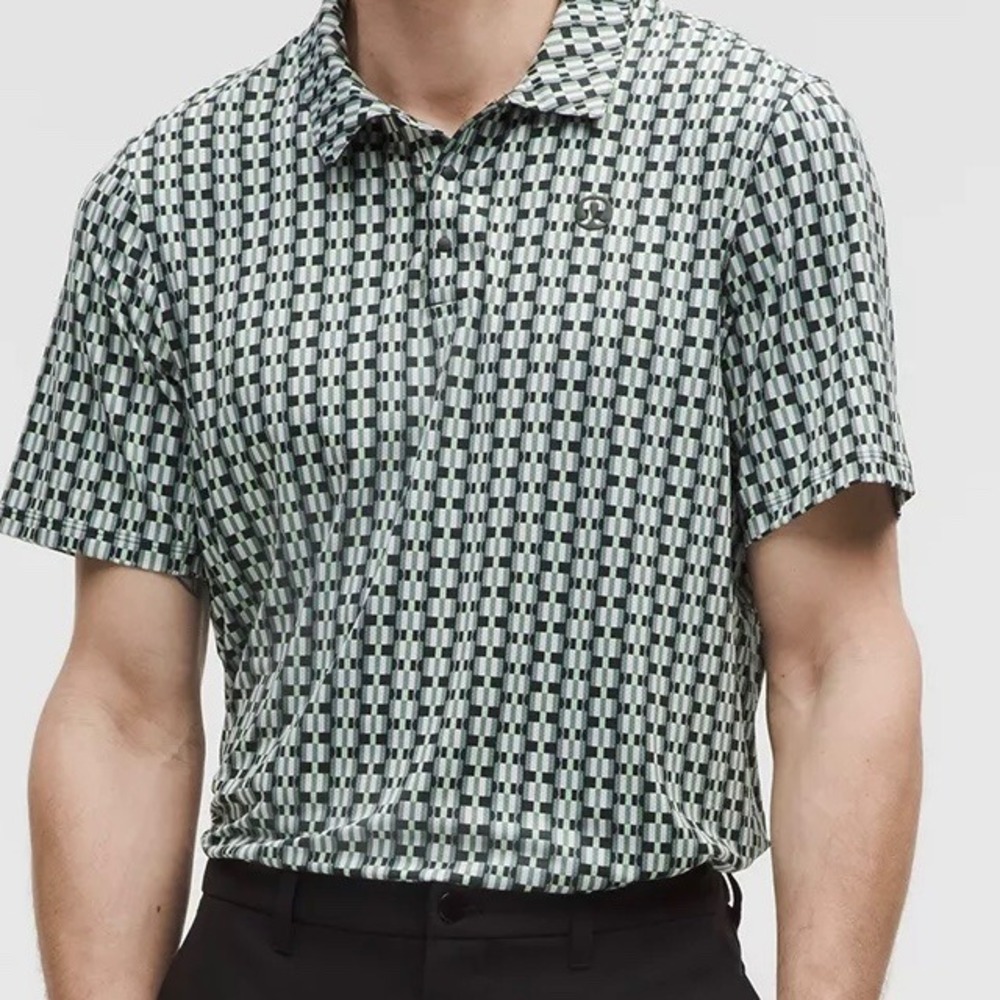 Lululemon Mens Geometric Sport Polo Shirt Green Black Checkered Size M